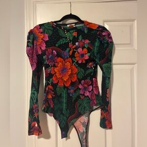 FARM Rio Orange and Pink Asymmetrical Long Sleeve Bodysuit